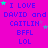 A static image with a bright pink background displays repeated text in blue and green, including "I LOVE DAVID and CAITLIN BFFL LOL" and scattered star symbols.