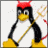 Pixelated penguin with red devil horns, yellow beak and feet, holding a golden trident against white background; green text 'Original Icons .com' on dark green