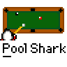 Animated contact sheet of a pool shark icon showing 19 sequential frames with a stick figure striking billiard balls on a green felt table.