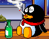 Animated contact sheet showing a cartoon penguin drinking from green bottles, smoking, and displaying text bubbles across multiple frames.