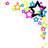 Colorful star-shaped icon with surrounding small stars and dots in various hues, arranged diagonally on a white background.