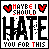A 3x3 contact sheet of pixel art icons showing variations in text color and animation effects for the phrase "MAYBE I SHOULD HATE YOU FOR THIS" with heart symbols.
