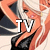 Pixelated anime-style character with orange hair and black clothing, overlaid with large white 'TV' text on a light background.