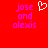 Red background with pink pixelated text 'jose and alexis' and a white pixelated heart symbol above the text on the left side.