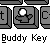 Pixelated grayscale icon shows a stylized figure with raised arm holding an object, framed by rounded corners and surrounded by partial letters on a light gray background.