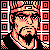 Pixelated static icon featuring a stylized character with glasses and beard, framed by red-and-black geometric patterns on black background.