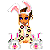 Pixelated cartoon character with bunny ears wearing a yellow and black patterned outfit, standing against white background.