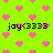 Bright green background with repeating pink heart shapes and black text reading 'joy<3333' in multiple positions.