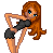 Pixel art of a female character with long brown hair in a bent pose, wearing black shorts and a black top, with visible legs and feet in black strappy shoes.