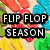 Six pixelated display summer-themed text and imagery including flip flops, sunglasses, palm trees, a school building, and handwritten 'love' on white