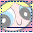 Pixelated cartoon character with blonde hair and blue-and-white striped headband, pink background, red text below the face.