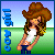 Pixelated image of a woman with long brown hair wearing a cowboy hat, white tank top, and blue jeans standing in a grassy field under a light blue sky.