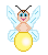 Pixel art character with brown hair, blue eyes, pink mouth, black antennae, and light blue wings holding a yellow glowing orb.