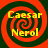 Four identical spiral patterns with red and dark green concentric rings, each containing yellow text reading "Caesar" above "Nerol" on a solid red background.