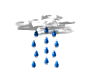 Gray cloud with blue raindrops falling; raindrops vary in number and position across four