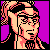 Pixelated static icon of a character with light skin, dark hair tied in a ponytail, wearing glasses and a black outfit against a purple background.