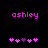 Pixelated text 'ashley' in bright pink above a of five heart symbols on black background, with one purple heart among four pink hearts