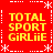 Red background with yellow text "TOTAL SPORT GIRLiiE" repeated four times in a , bordered by white dashed lines and asterisks