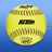 Yellow softball with brown stitching and black text on blue gradient background, next to white pixelated text reading "Katelyn loves softball".