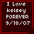Dark red square with white pixelated text reading "I Love kelsey FOREVER 9/18/07" and a thin red border; one variant includes a small red heart symbol in the bottom-right corner.