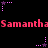 Pixelated red text "Samantha" repeats horizontally across a black background, surrounded by pink and purple star-shaped animations with dotted trails.