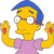 Yellow-skinned cartoon character with blue hair, red glasses, pink dress, and raised arms showing red heart symbols on palms.