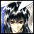 Anime-style character with dark hair and light skin, wearing a white mask-like covering over the lower face, set against a blue and white background with a black containing text