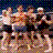 Pixelated static image of multiple figures in a horizontal arrangement against dark background with blue gradient top edge.