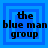 Four identical blue square arranged in a , each containing the text "the blue man group" in black pixelated font over layered blue squares
