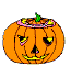 Animated contact sheet of a pumpkin character with changing props and expressions across 10 frames, featuring orange pumpkin body, pink rim, green stem, yellow interior, black cat, and floating pumpkin pieces on gray background.