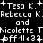 Pixelated text displays names and symbols in white on black background with repeated patterns.