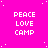 Bright pink background with white pixelated text 'PEACE LOVE CAMP' repeated in a pattern, scattered white dots resembling stars