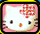 Pixelated cartoon cat with pink background and red flower on head, yellow border.