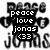 Black and white pixelated icon with text 'peace love jonas <33' centered on a white background, surrounded by large stylized letters.