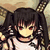 Pixelated anime-style character with dark pigtails and red eyes, wearing a white sleeveless top against a beige background.