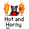Pixel art animation of a cartoon devil character in red clothing holding a pitchfork, surrounded by orange flames with text "Hot and Horny" below each frame on gray background.
