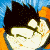 Pixelated character with black spiky hair and closed eyes against a blue and orange background.