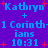 Pixelated blue text on purple background with red starbursts, repeating 'Kathryn' and '1 Corinthians 10:31' in two identical vertical