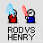 Pixel art animation of two figures in red and blue outfits with white helmets, exchanging blue and red energy effects above their heads, with 'RODUS HENRY' text below.