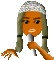 Pixelated avatar with orange skin, green hair, and silver headpiece holding a microphone in various poses.