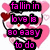 Pixelated pink and black text reads "fallin in love is so easy to do" over a white background with pink heart shapes.