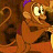 Pixelated cartoon character with large eyes, brown fur, and a purple headband against a dark background.