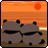 Two gray panda-like figures with black ears and eye patches stand side-by-side on a brown ground under an orange sky with a red sun.