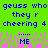 Green background with blue pixelated text reading "geuss who geuss who they r they r cheering 4 cheering 4" and pink pixelated shapes below with "ME" text.