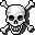 Pixelated skull with crossbones rendered in grayscale tones on a white background, featuring hollow eye sockets and visible teeth.
