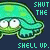 Animated contact sheet showing two frames of a pixelated green turtle-like character with text "SHUT THE SHELL UP." on dark blue background, first frame has cyan text and small star, second frame has yellow-green text.