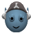 Pixelated blue circular face with black eyes and a smiling mouth, wearing a dark gray cap with a white symbol and silver ear-like attachments.