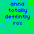 Pixelated text in blue reads 'anna totally defintly rox' on a green and cyan checkered background with no visible motion.