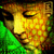 Pixelated image of a figure with closed eyes, golden-yellow and orange tones, green background, and dark brown accents.