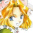 Pixelated anime-style character with curly blonde hair and blue eyes, wearing a green and white outfit against a pink floral background.